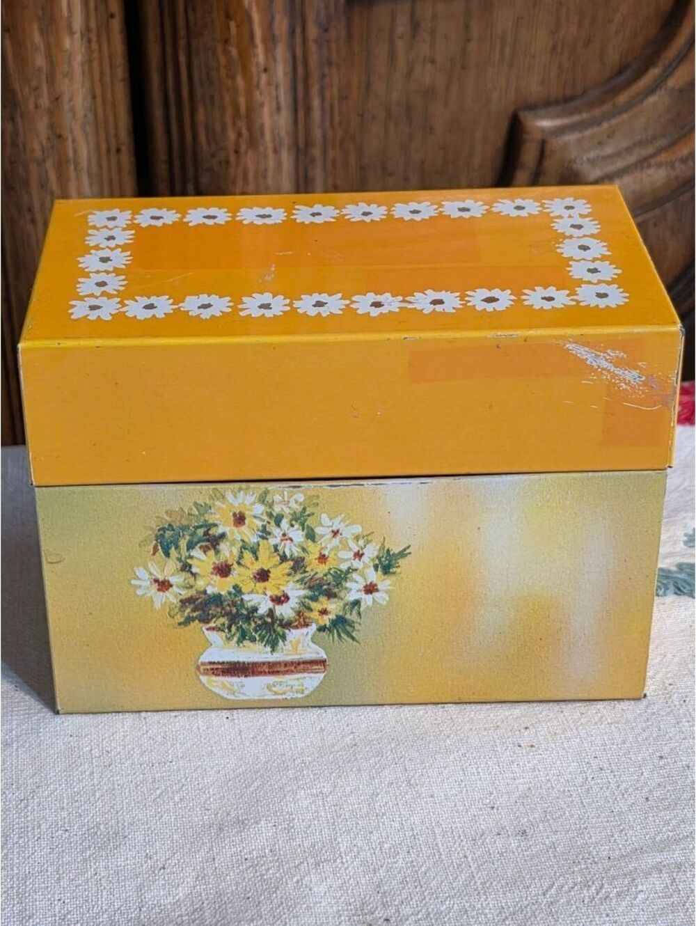 Vintage Ohio Art Metal Recipe Box – Yellow Daisy Floral Design